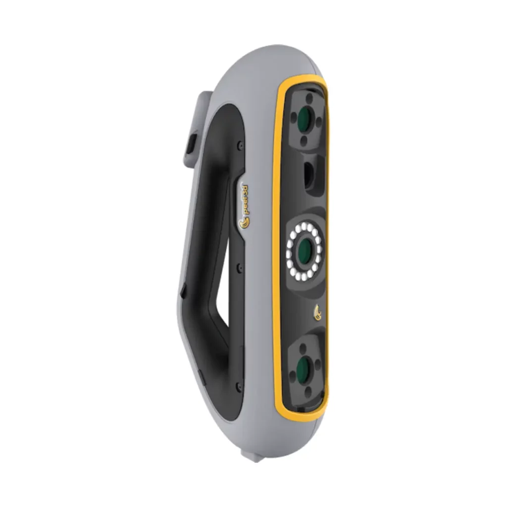 Scanner 3D Peel 3 exibido em vista lateral, destacando sensores frontais e design ergonômico.
