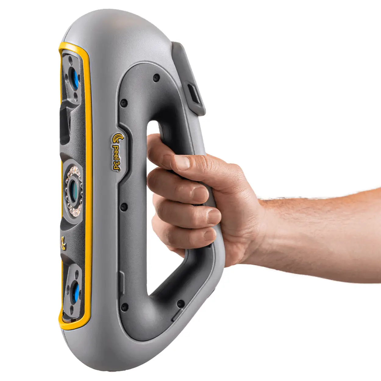 Mão segurando o scanner 3D portátil Peel 3D, com design ergonômico e estrutura robusta.
